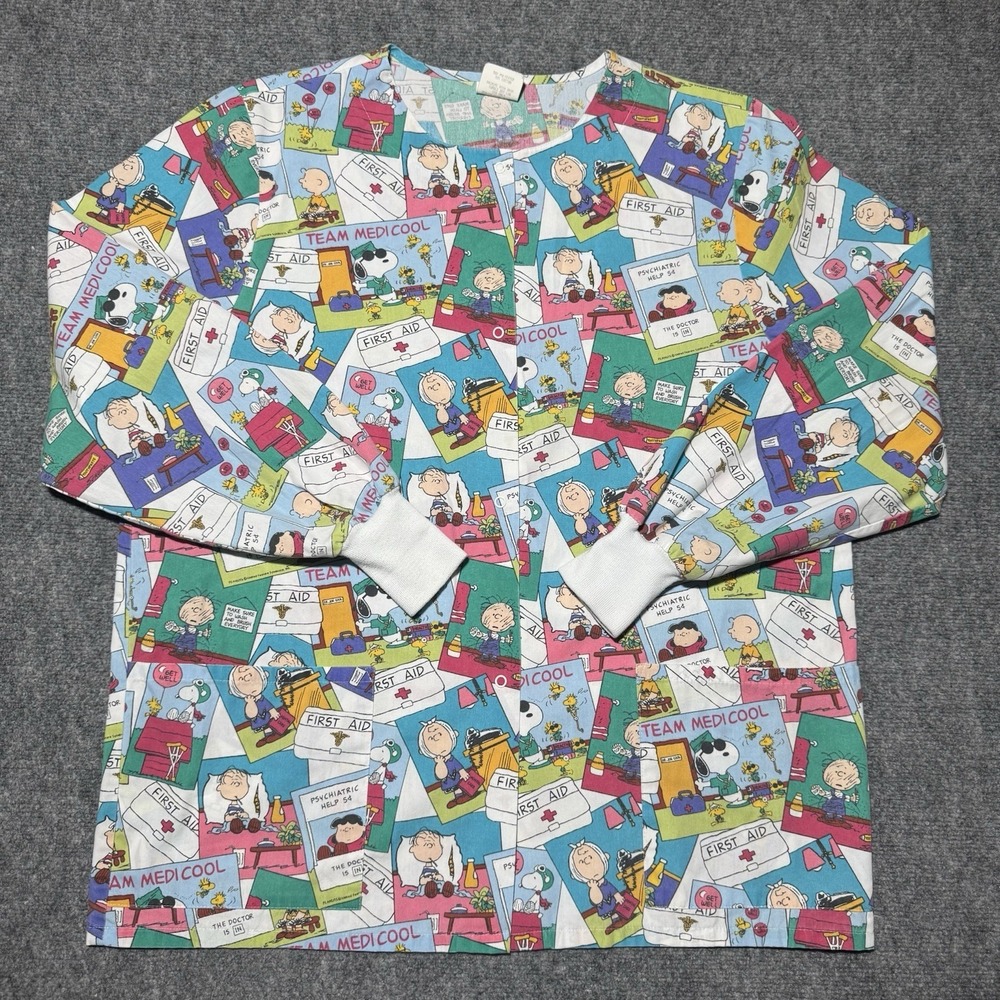 VTG Peanuts Snoopy Medical Lab Nurse Scrub Top Snap Jacket Womens Medium